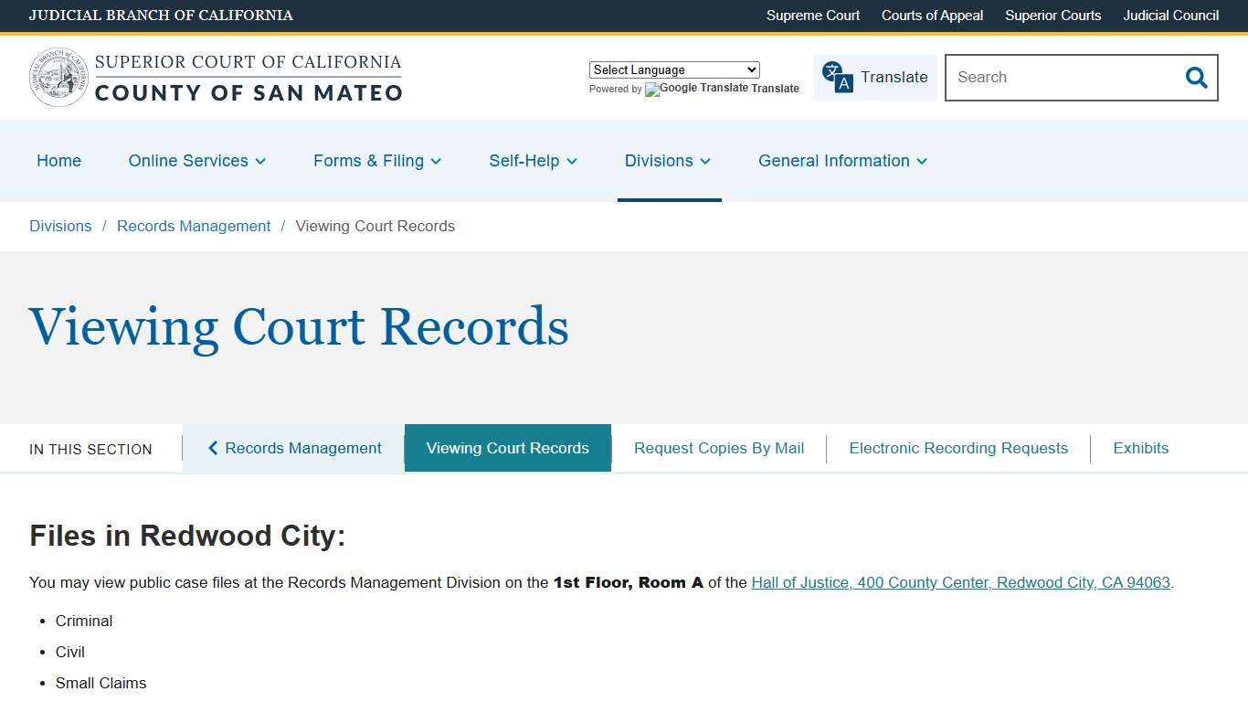 Viewing Court Records Superior Court of California County of San Mateo